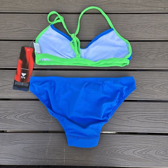 TYR Womens Durafast Solid Microback Blue/green Workout Bikini Set Sz 36 M NEW - Picture 2 of 3